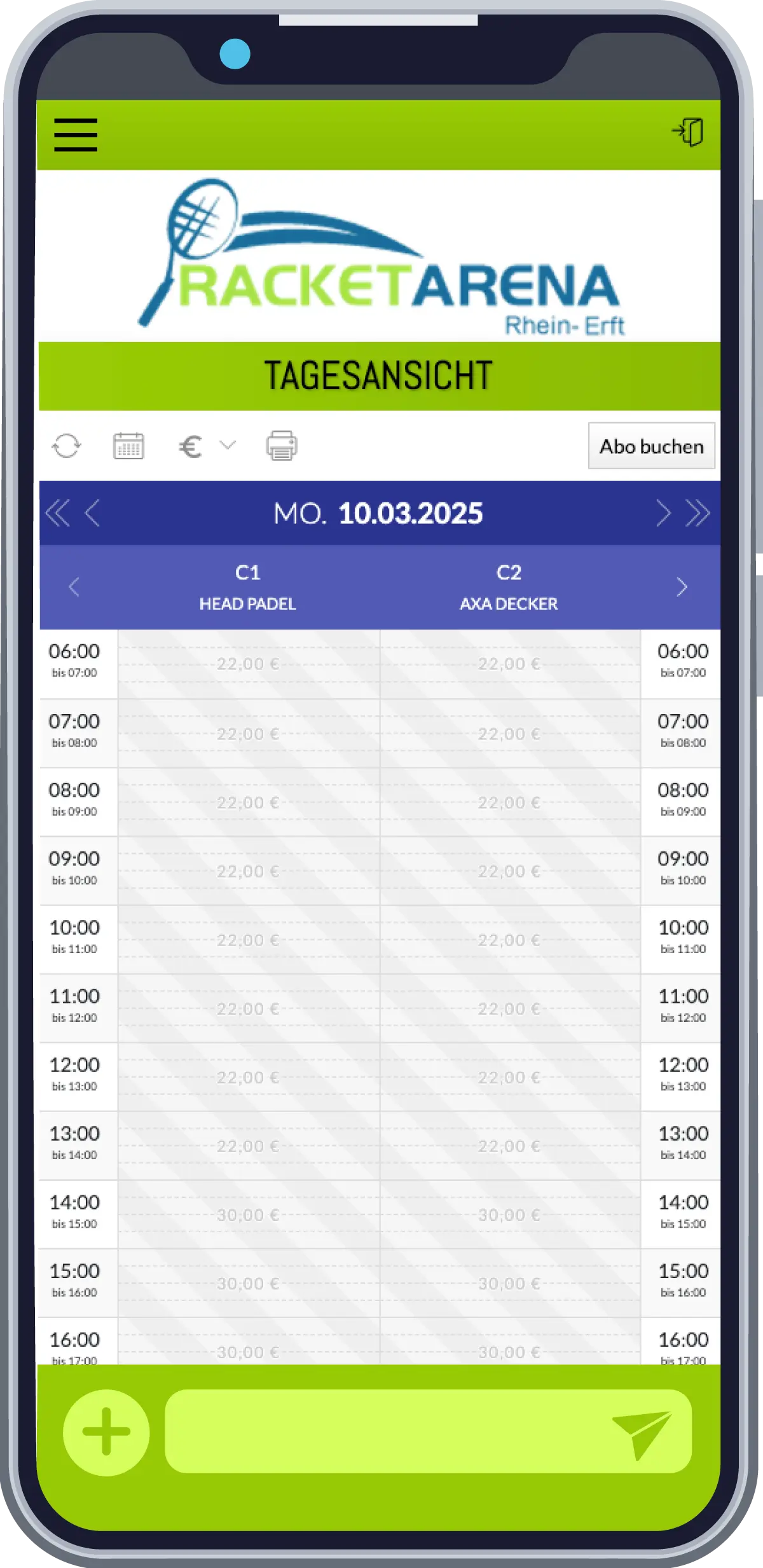 Smartphone mit dem Online-Buchungssystem der Racket Arena
